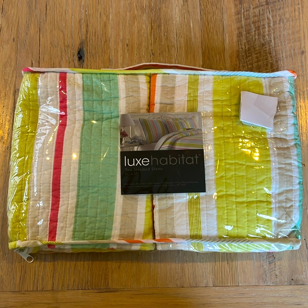 LUXE HABITAT 2 quilted striped standard pillow shams 21 x 27” NEW
